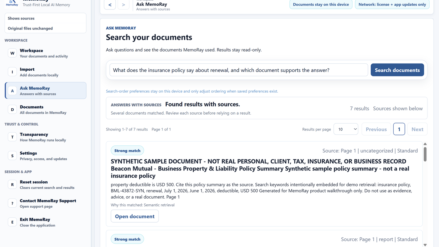 MemoRay 0.3.0 Ask screen showing a search result with sources from synthetic sample documents.