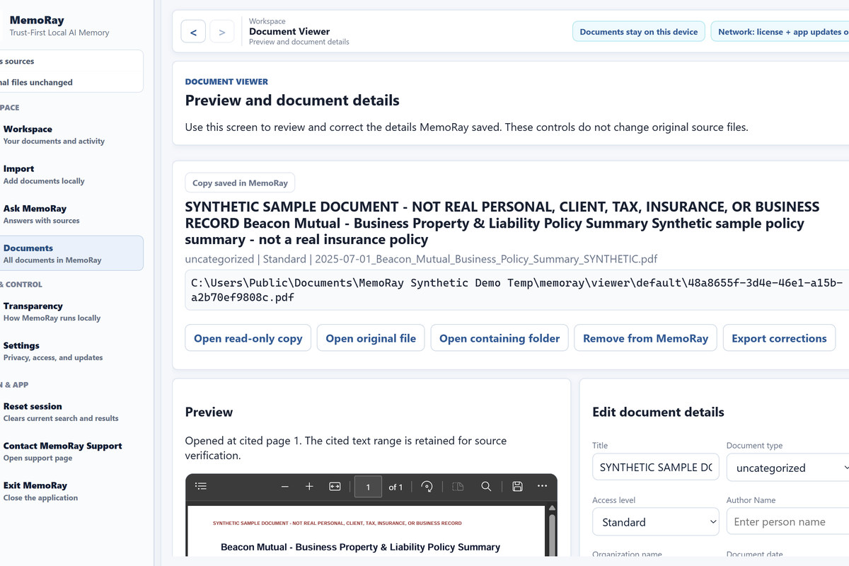 MemoRay 0.3.0 Document Viewer showing a synthetic source document preview and editable details.