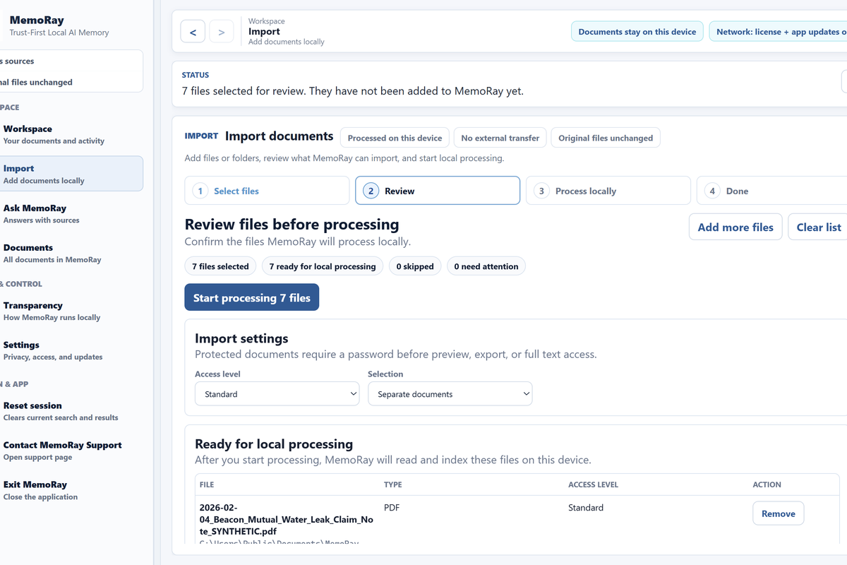 MemoRay 0.3.0 Import review showing seven synthetic sample documents ready for local processing.
