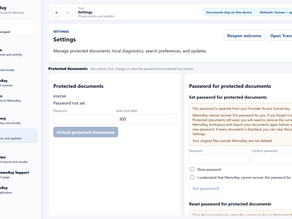 MemoRay 0.3.0 Settings screen showing protected-document password and auto-lock controls.