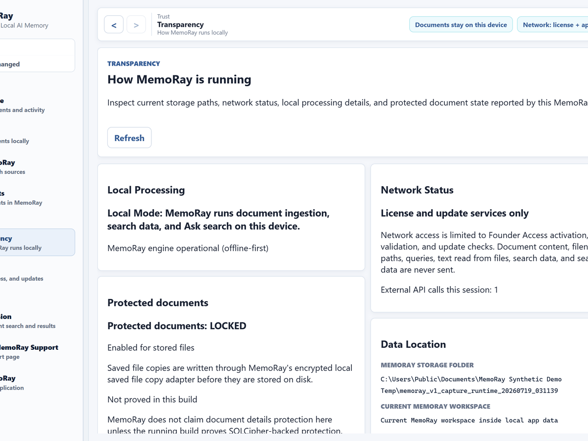MemoRay 0.3.0 Transparency screen showing local processing, protected-document state, network status, and data location.