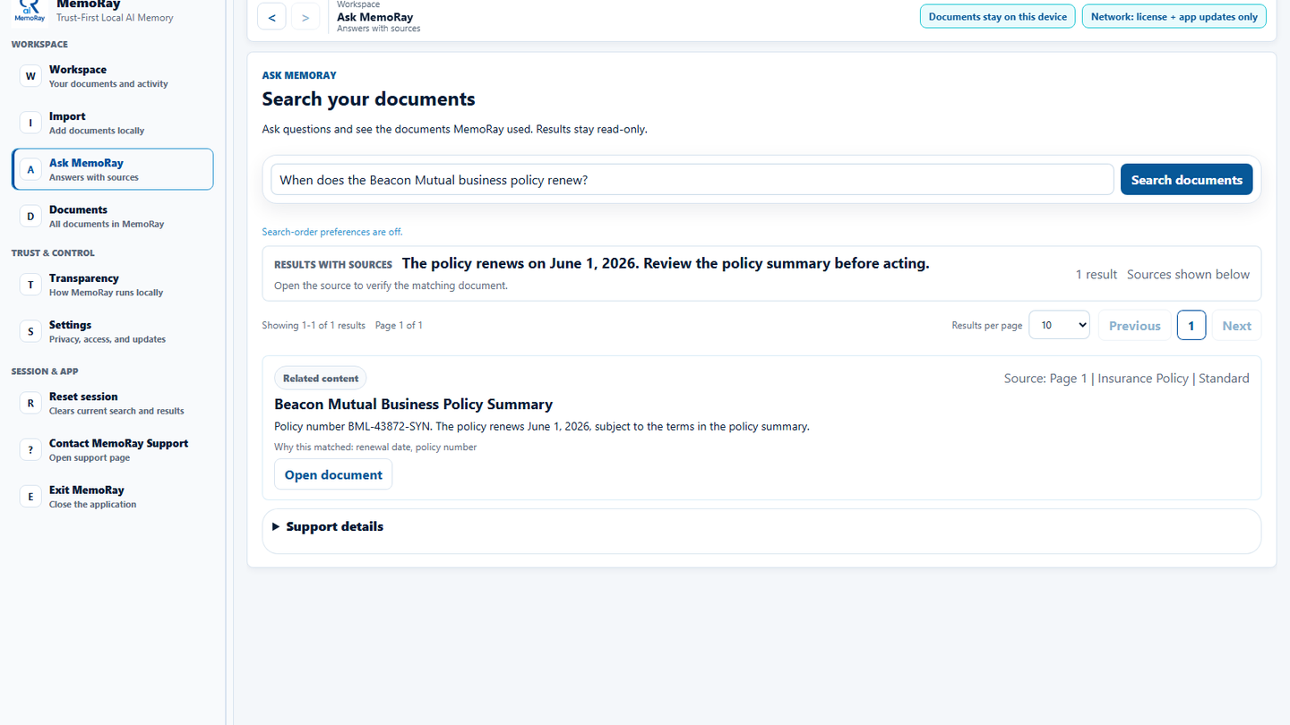 MemoRay answer showing a synthetic policy renewal date and its supporting document source.