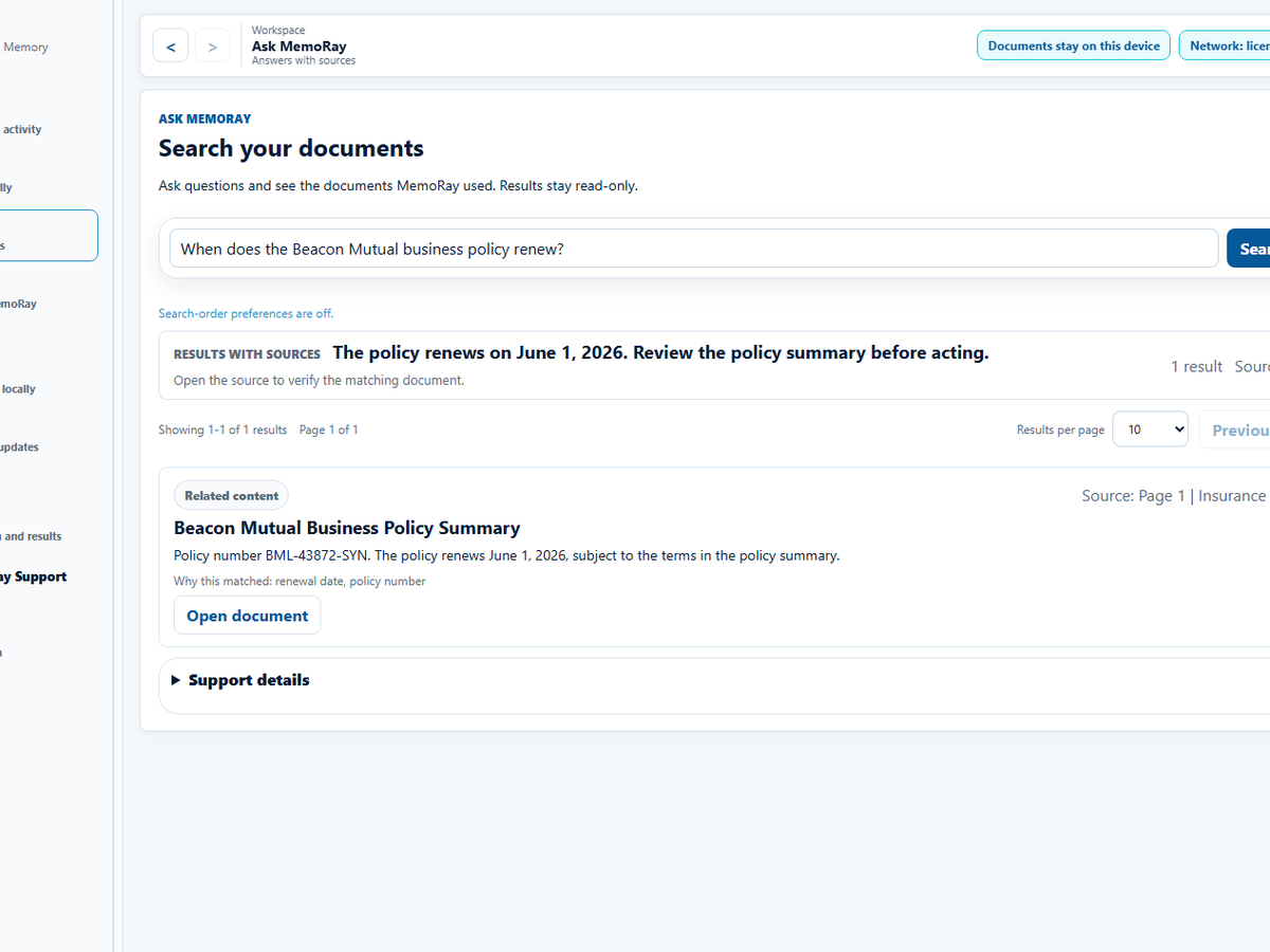 MemoRay answer with the supporting synthetic policy source visible.