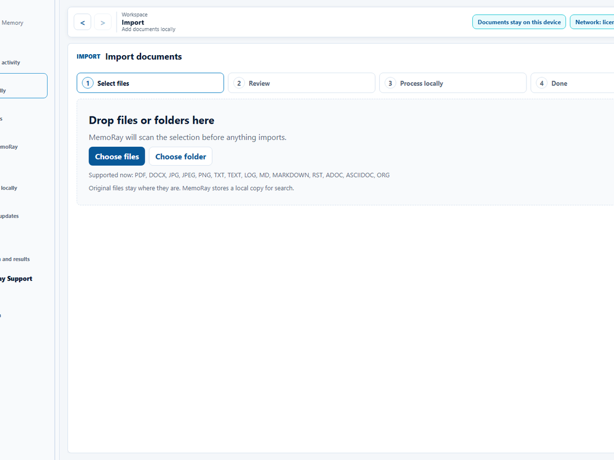 MemoRay import screen ready to select synthetic documents for local processing.