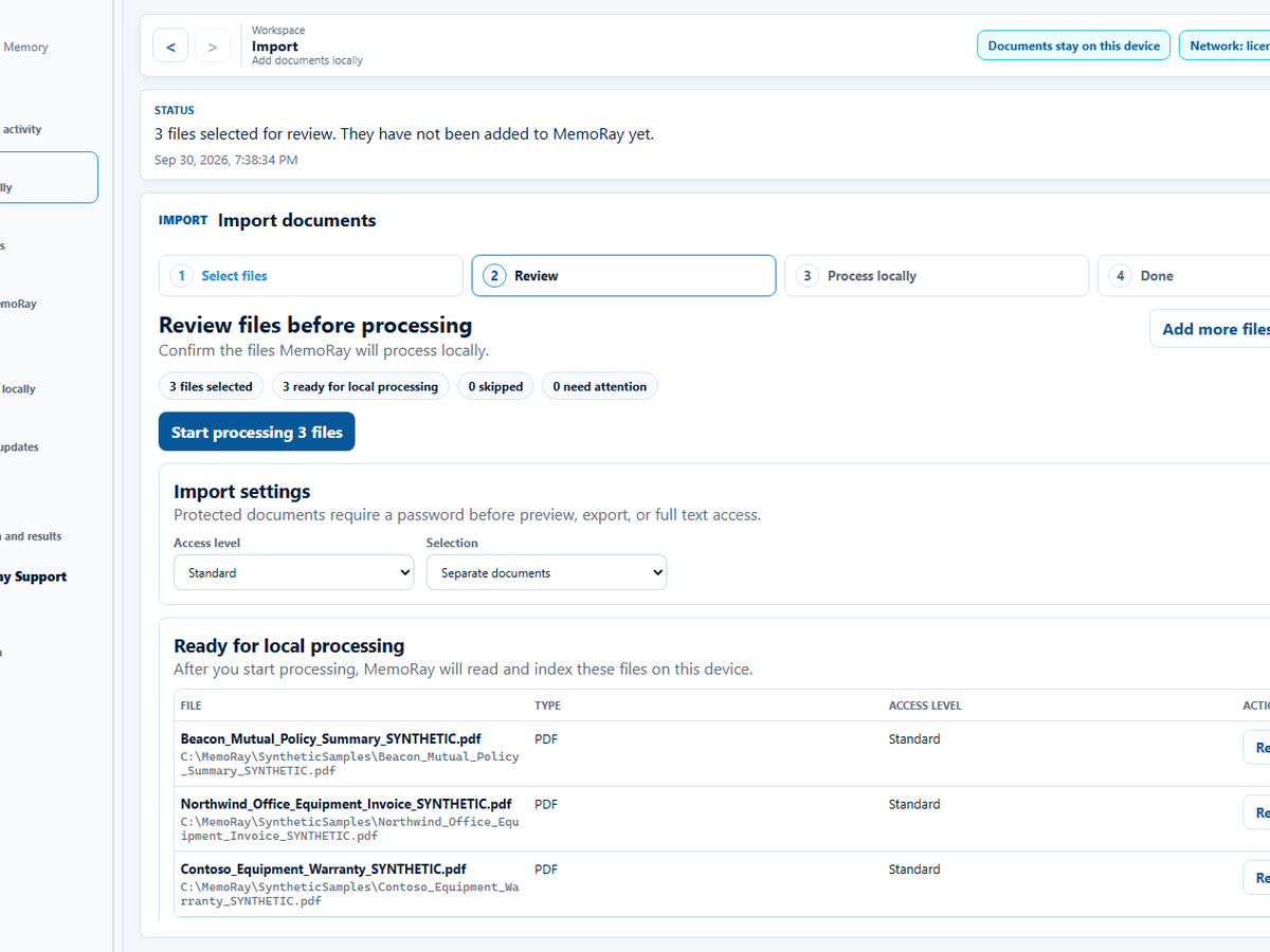 MemoRay Import Review screen showing three synthetic PDF documents selected and ready for local processing.