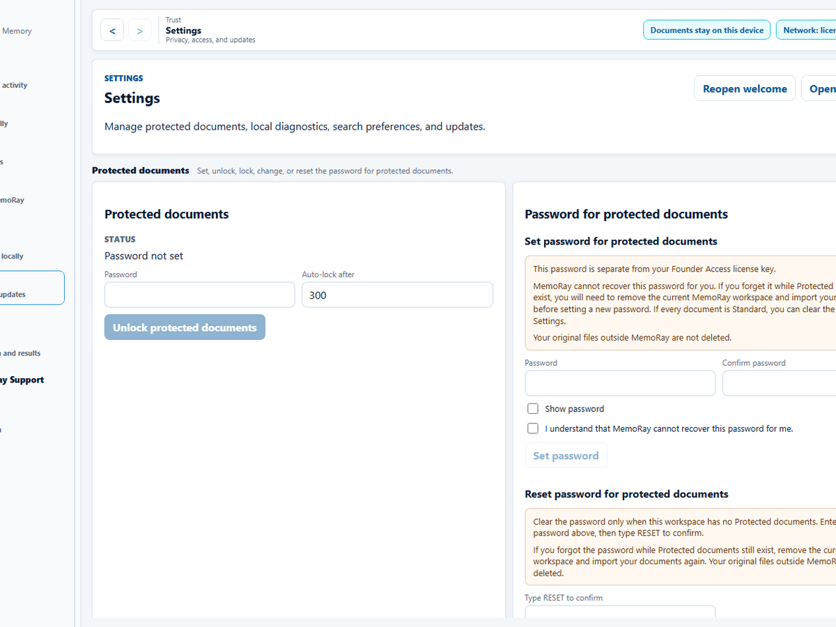MemoRay Settings showing Protected Documents controls with password fields empty.
