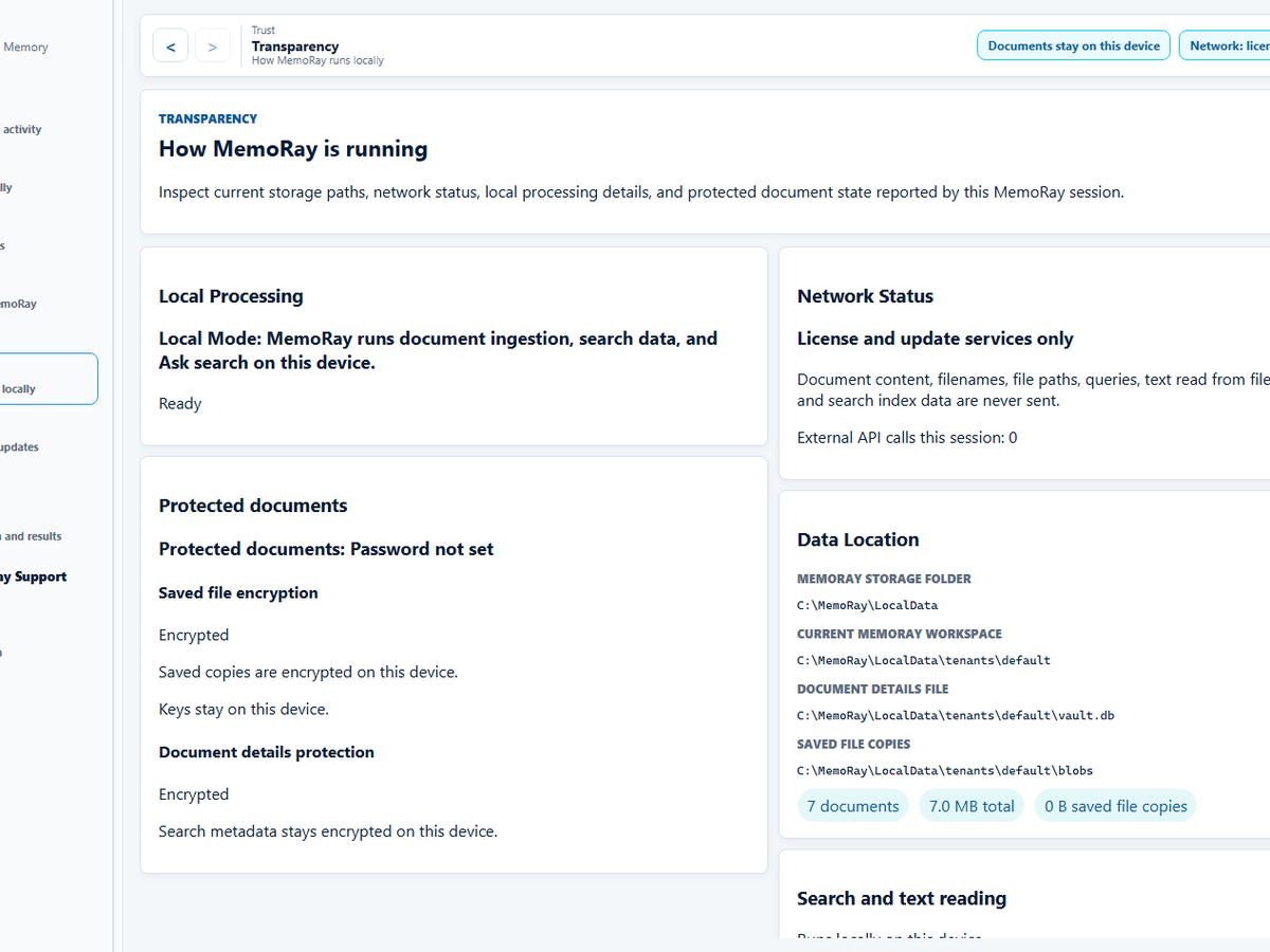 MemoRay Transparency screen showing local processing, limited network use, and neutral local data paths.