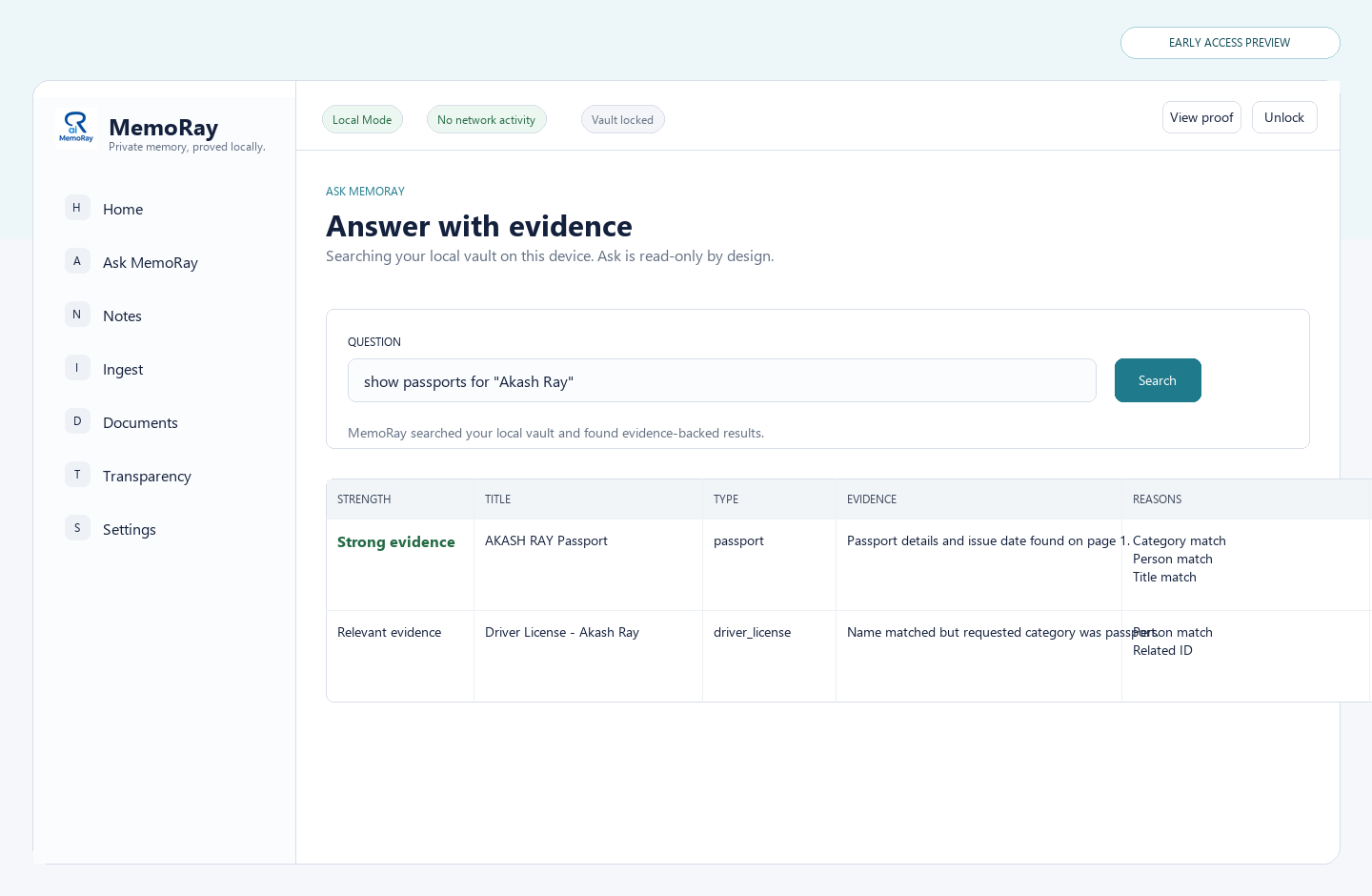 MemoRay early access screenshot showing evidence-backed Ask results from local files.