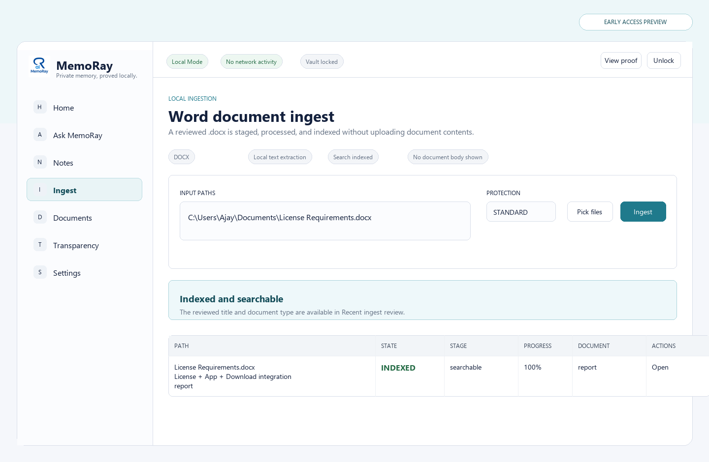 MemoRay early access screenshot showing a Word document fully indexed and searchable in the app.