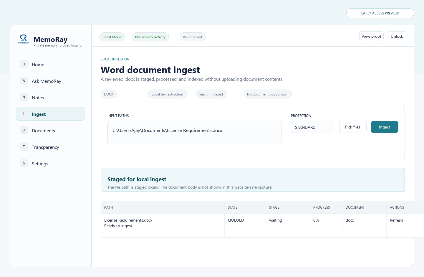 MemoRay early access screenshot showing a staged Word document queued locally for ingest.