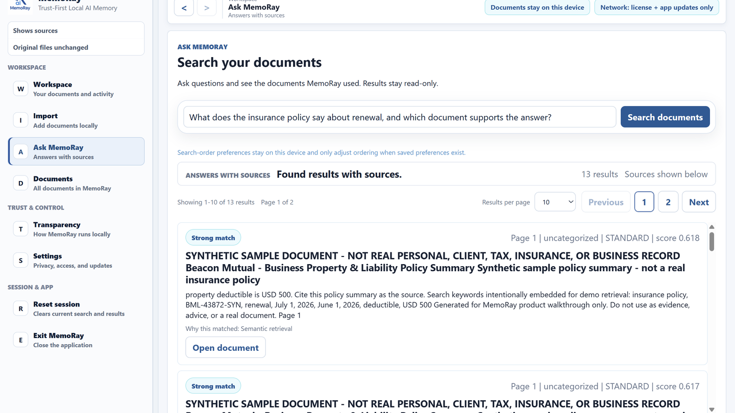 MemoRay Ask result showing an answer with sources from sample documents.
