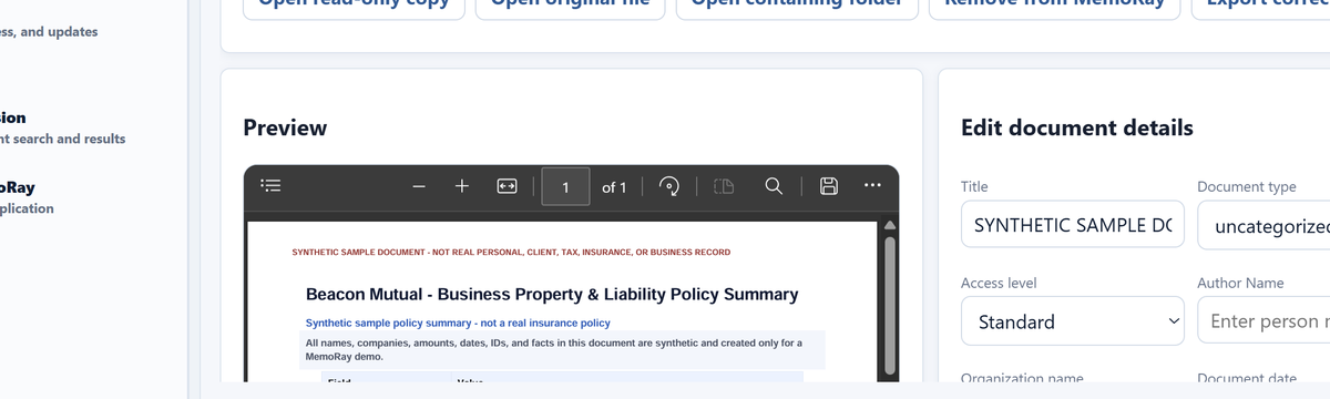 MemoRay Document Viewer showing the source document preview and details.