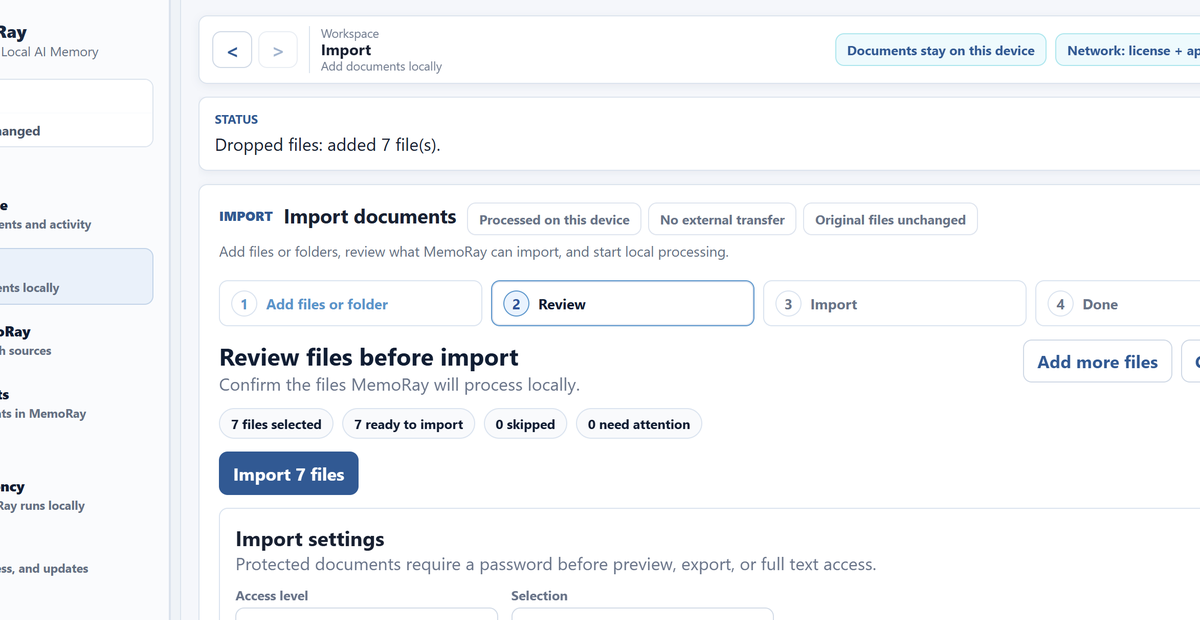 MemoRay Import review showing selected sample documents before import.