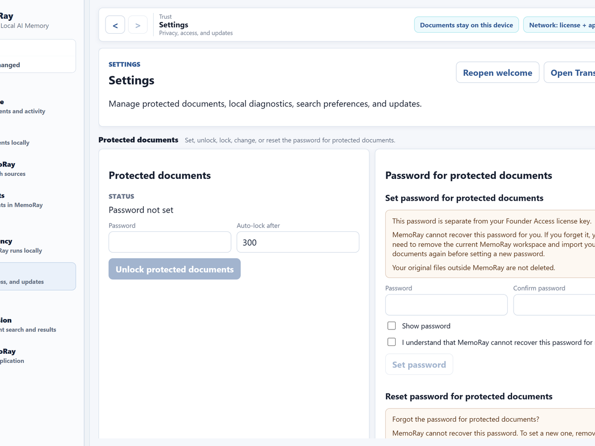 MemoRay Settings screen showing protected documents and password controls.